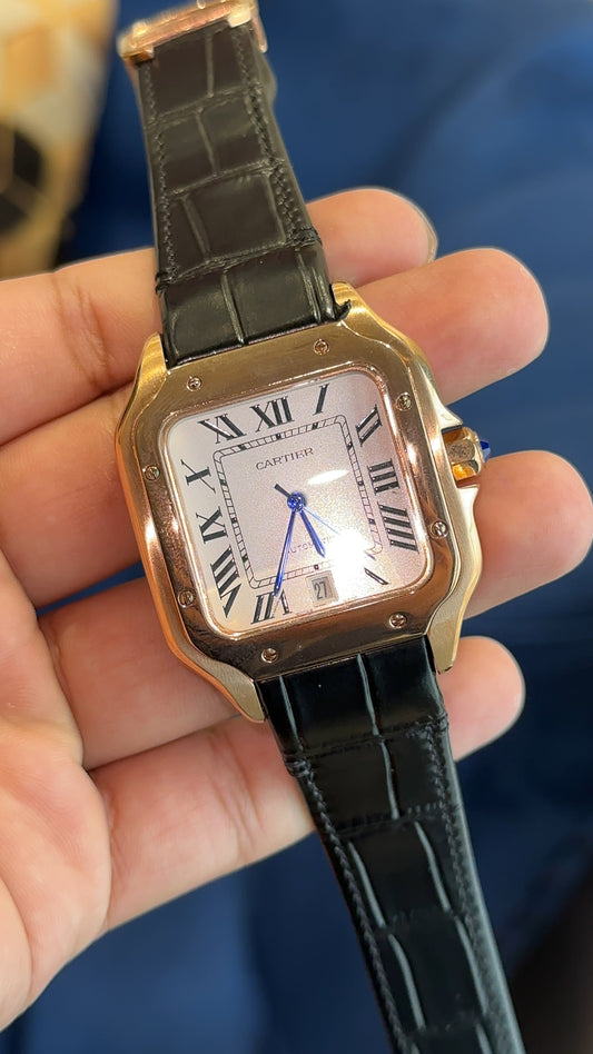 Santos Gold | White Dial | Black Leather Strap