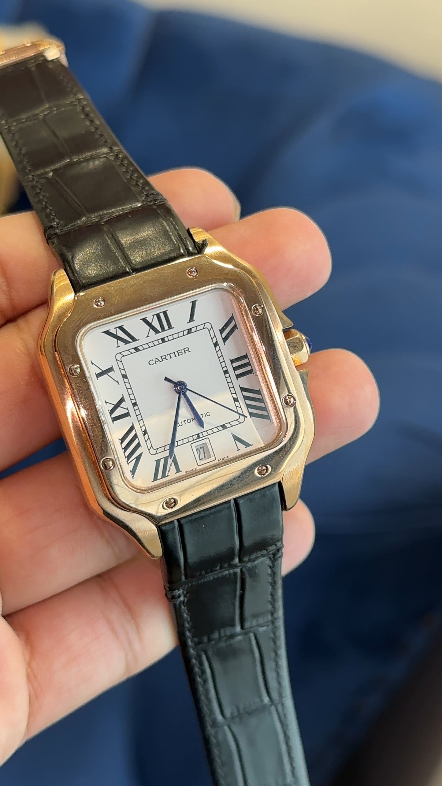 Santos Gold | White Dial | Black Leather Strap