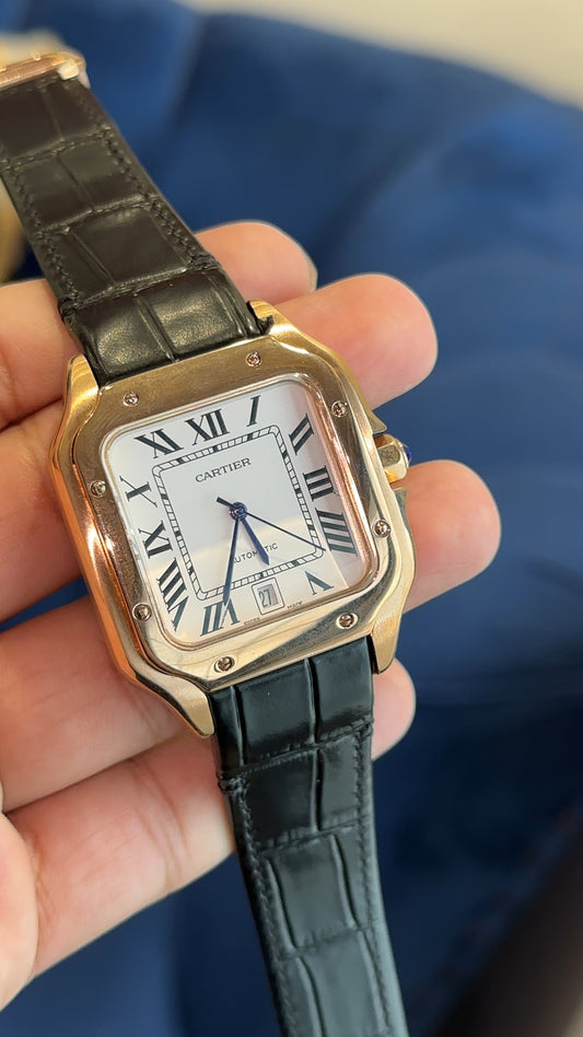 Santos Gold | White Dial | Black Leather Strap