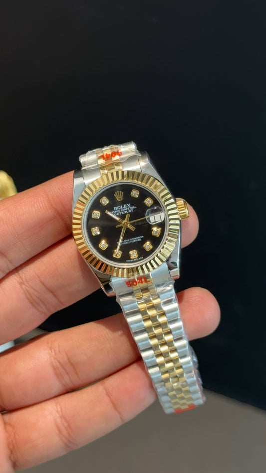 Datejust 27mm | Gold Two Tone Jubilee| Black Diamond Dial
