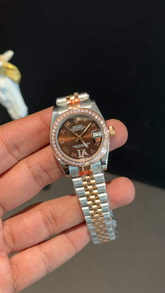 Datejust 27mm | Rose Two Tone Jubilee| Diamond Case | Choco Roman Dial
