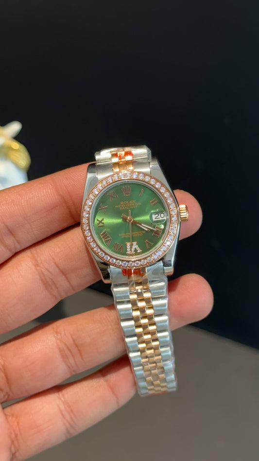 Datejust 27mm | Rose Two Tone Jubilee | Diamond Case | Green Roman Dial